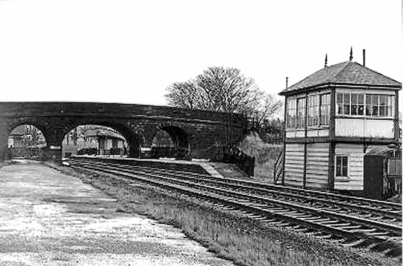 Long Preston Signal Box and Station  c1970.JPG - Long Preston Signal Box  with part of station showing through the bridge - c.1970 Looking towards Skipton.